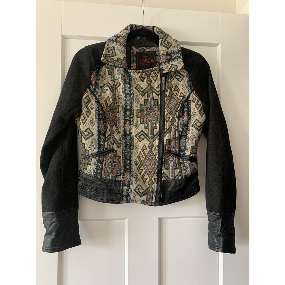 YOKI Aztec Wool Black Tapestry Jacket Womens Size Small Zip Moto - Flaw